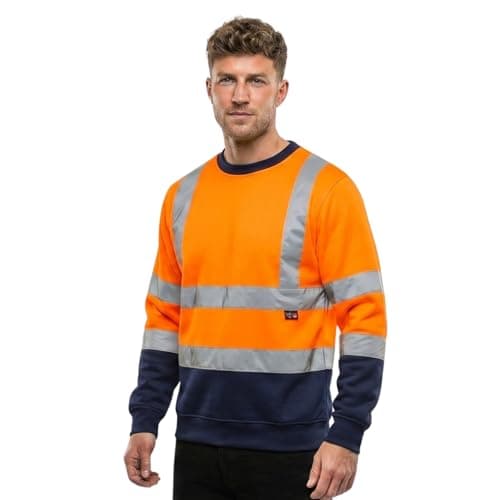 Image of Hi Vis Sweatshirt Men High Visibility Crew Neck Long Sleeve Workwear Jumper Reflective Safety Security Top EN ISO 20471 Railway Construction Warehouse PPE Orange Navy L