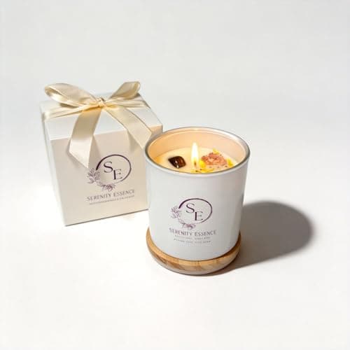 Image of SERENITY ESSENCE Luxury Aromatherapy Scented Vanilla Candle 450g Soy Wax Crystal Candle with Smoky Quartz and Wooden lid. Candle Gift Box with Ribbon (80 hrs)