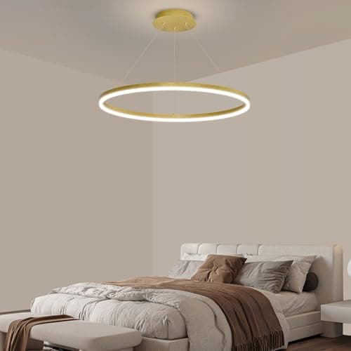 Image of Mikeru 40cm Round Dining Table Pendant Lights, Dimmable Kitchen Island Lights 10% to 100% LED Dining Light Ceiling 3000K/4500K/6500K Height Adjustable Gold Pendant Light for Bedroom, Living Room