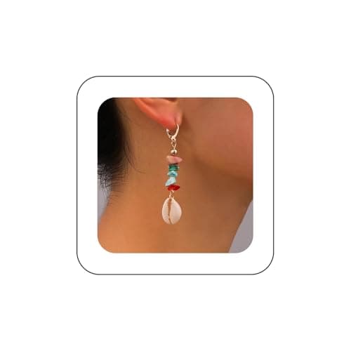 Image of Xduargs Boho Shell Drop Earrings Gold Cowrie Shell Earrings Vintage Colorful Stone Dangle Earrings Summer Beach Shell Hoop Earrings Jewelry for Women