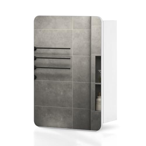 Image of TUKAILAi Single Door Bathroom Mirror Cabinet, 40 x 50cm White Wall Mounted Storage Cabinet with Storage Shelf 1 Round Corner Mirror for Bathroom Washroom, Small