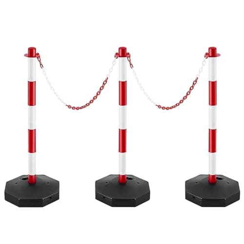 Image of 3 Traffic Safety Delineator Posts - Red and White | Height Adjustable Barrier Posts with Fillable Base and 4 Meter Plastic Chain | Portable Indoor Queue & Access Control Poles with S Connectors