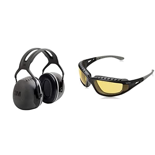 Image of Peltor 3M X5A Ear Defenders with Headband, 37 dB, Black & Bolle TRACPSJ Tracker Glasses Nylon Frame Anti-Scratch and Fog Lens, Black/Yellow