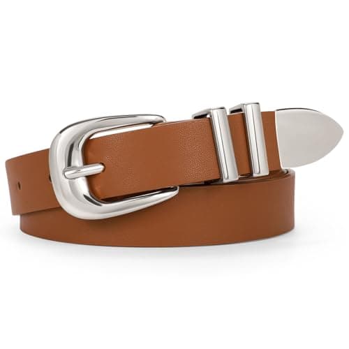 Image of WERFORU Women Fashion Leather Waist Belt for Pants Jeans Ladies Western Thin Belt with Silver Buckle Brown