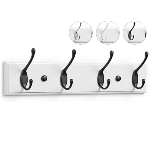 Image of LARHN White Coat Hooks Wall Mounted Coat Rack - 4 Black Wall Hooks - 42 cm - All Fixings Included for Quick & Easy Installation