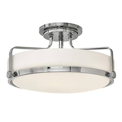 Image of 3 Bulb Semi - Flush Light - Opal Glass Bound by Metal Ring - Decorative Knobs - Polished Chrome - LED E27 60W Bulb