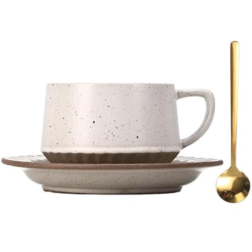 Image of Quyimy Ceramic Coffee Mug Sets Tea Cup and Saucer Set, Porcelain Espresso Coffee Cup with Saucer and Golden Spoon, 300ml/10.5oz, Valentines Birthday Christmas Gifts for Women Men Friend, Light Beige