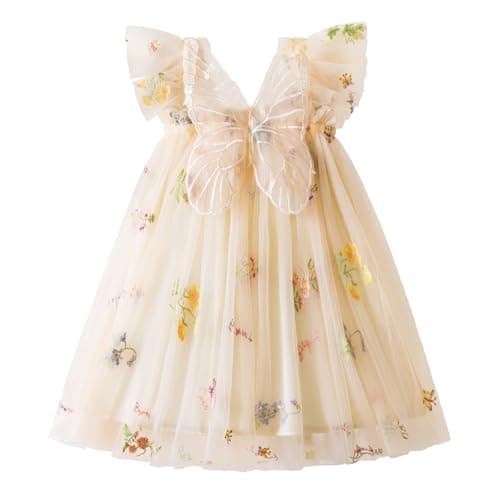 Image of JiAmy Baby Girl Dress Toddler Tutu Tulle Butterfly Dresses Infant Sleeveless Wedding Birthday Party Princess Clothes for Girls 2-3 Years Beige