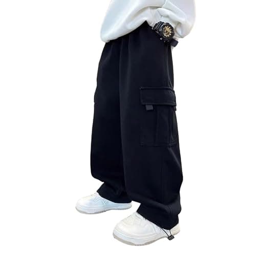 Image of Boys Oversized Cargo Joggers Baggy Wide Leg School Sweatpants Youth Kids Multi Pockets Running Athletic Long Trousers Straight Elastic Waist Sport Pants Clothes (Black-1, 6-7 Years)