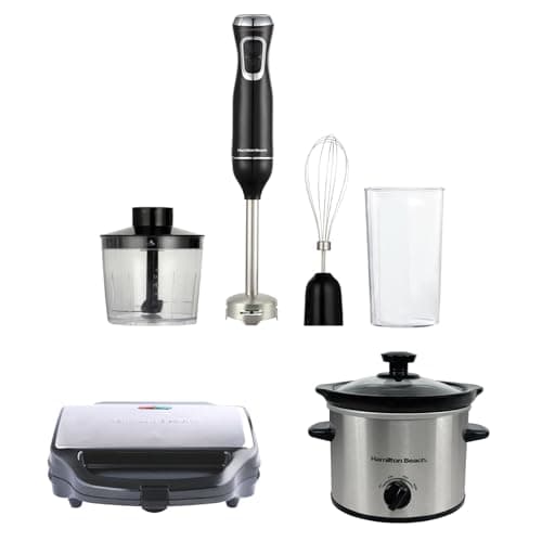 Image of Hamilton Beach Food Prep Set, Essentials, Hand Blender, 4-in-1, Sandwich Toaster, 2 Slice Deep Fill, Slow Cooker, 1.8L, Kitchen Essentials Set, Black & Silver - HBFPESS20S
