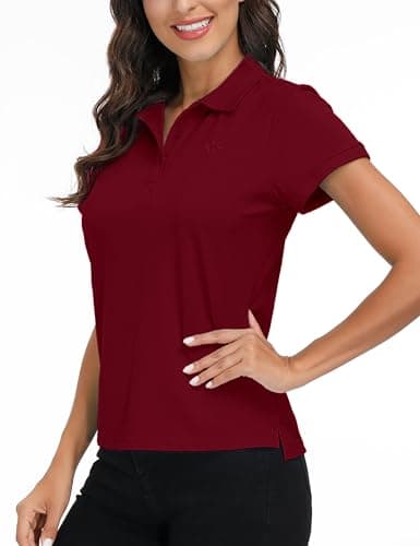 Image of MoFiz Women's Short-Sleeve Polo Shirts Cotton Golf Top Casual Sports Gym Work Tee Shirts Wine-red Size L