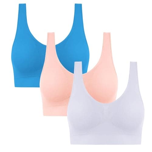 Image of 3 Pack Sports Bras Women Comfort Non Wired Ladies Seamless Wireless Underwear Push Up Bralettes Breathable Brassiere Full Coverage Bra Everyday Bras with Wide Strap Yoga Vest Lingerie
