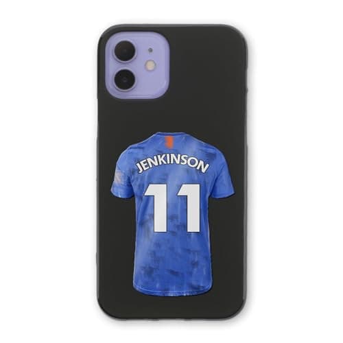 Image of Personalised Football Phone Case For Apple iPhone 17, 16, 15, 14,13, 12, 11, Pro Max, Mini, XR, XS, SE Blue Football Shirt Phone Case with Name and Number, Soft Black TPU Phone Cover