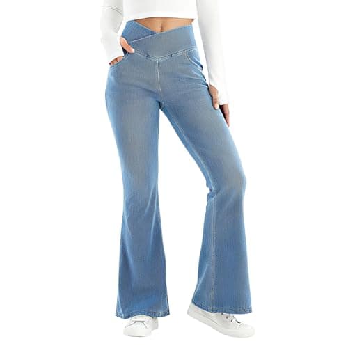 Image of EOAMGO Flared Jeans for Women UK, High Waisted Womens Stretch Jeans, Pull on Elasticated Waist Pants for Women, V-Cut Crossover Wrap Waist Bell Bottom Denim Trousers with Pocket (L, Light Blue)