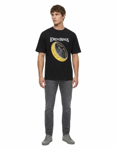 Image of Lord of The Rings Gollum Black Graphic Tee | Short Sleeve T-Shirt with One Ring Elvish Script Print | Crew Neck Top with Yellow & Black Ring Design | Lord of The Rings Merch - Medium