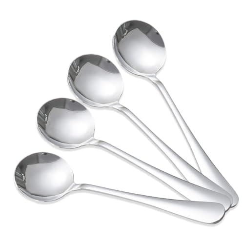 Image of 4 Piece Soup Spoons, Dessert Spoon, Long Teaspoons, Stainless Steel Dessert Spoons, for Home, Heavy Duty Round Table, Restaurant or Catering Use Soup, Dishwasher Safe (Silver Finish)
