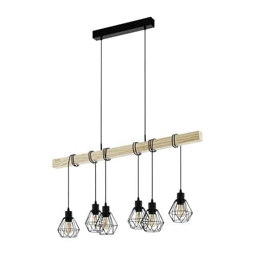 Image of Eglo Pendant Lighting Townshend 5, 6 Light Vintage Hanging lamp in Industrial Design, Retro Ceiling Light Made of Black Metal and Natural Wood, FSC Certified, E27