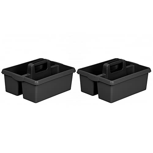 Image of 2 X Heavy Duty Large Plastic Handy Kitchen Tool Cleaning Tool Box with Handle Utility Storage Tidy Organiser Tote Tray Two Compartment Cleaners Carry Caddy Multipurpose Cleaning Tools - Midnight Grey