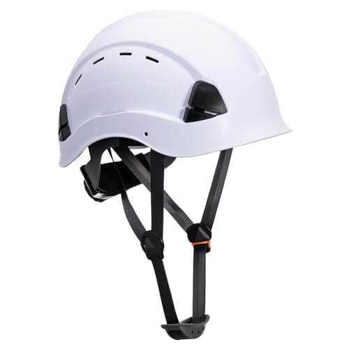 Image of Portwest PS63 Mens Vented Safety Helmet Hard Hat Height Endurance Lightweight ABS Shell 6 Point Harness Y Chin Strap Adjustable Sweatband Construction Scaffolding Industrial Work, White, One Size