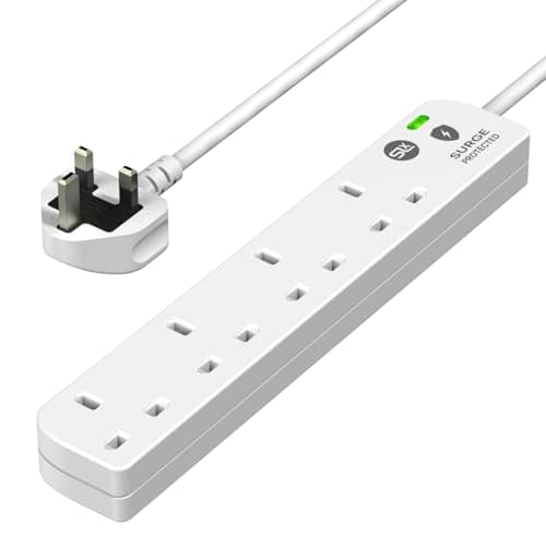 Image of SLx Extension Lead 1m 4 Way Gang Surge Protected Power Strip with LED Indicator 13A UK Plug & 3 Pin Sockets Wall Mountable Extension Cord for Home, Office or Garage White