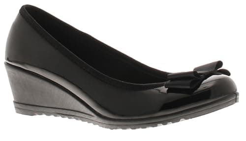 Image of Platino Henrietta Women's Black Shoes - Comfortable Work Slip On, Ladies Slip-Ons with 5cm High Heel, Sleek Wedge Shoes with Ribbon, Perfect Platforms for Work Black Patent 7 UK