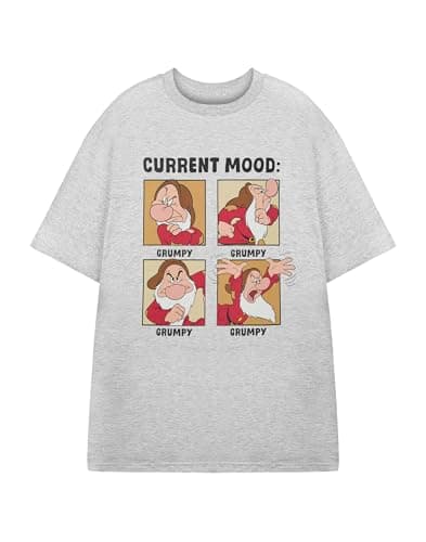 Image of Disney Snow White Men's Grey Short-Sleeved T-Shirt | Seven Dwarfs Current Mood Grumpy Graphic Tee Character Movie Retro Apparel Top | Snow White & Friends Merchandise Gift