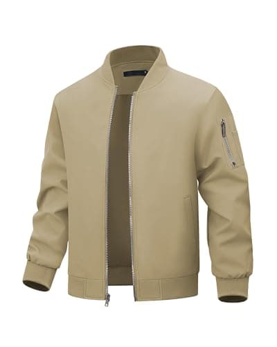 Image of Autsel Men's Bomber Jacket Casual Lightweight Windbreaker Stand-up Collar Outwear Spring Autumn Sportwear khaki XL