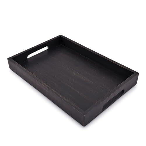 Image of EDHAS Acacia Wood Rectangle BLACK Serving Tray for Breakfast Dinner Drinks Kitchen Dining Living Bathroom With Handle (38.1cm x 25.4cm x 4.06cm)