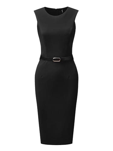 Image of Allegra K Belted Sheath Dress for Women's Round Neck Sleeveless Casual Office Dresses Black S