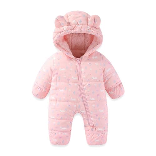 Image of JiAmy Baby Toddler Snowsuit Winter Romper Suit, Baby Boys Girls Bear Hooded Footed Romper Snow suits Cartoon Zipper Jumpsuit Winter Outfits Clothes Pink 18-24 Months