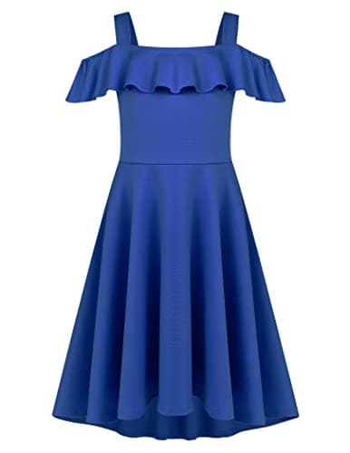 Image of Arshiner Dress Girls Off Shoulder Summer A Line Partydress Elagant Kids Swing Suspender Dress with Ruffles Children's Formaldresses Blue 150/11-12 Years