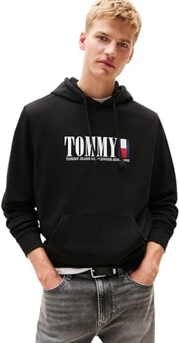 Image of Tommy Jeans Mens Tjm Reg Rwb Dna Graphic Dm0dm22144 Pullover Hoodie, Black (Black), M UK