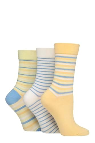 Image of SockShop Ladies Gentle Bamboo Socks with Smooth Toe Seams in Plain and Striped Designs Pack of 3 (UK, Numeric, 4, 8, Regular, Regular, Sicilian Lemon)