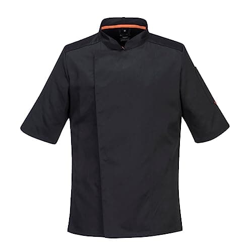 Image of Portwest C738 Chef Jacket Chefswear Short Sleeve MeshAir Ventilation Slim Fit Kingsmill Polycotton Texpel Water Resistant Chef Whites Workwear, Black, XL