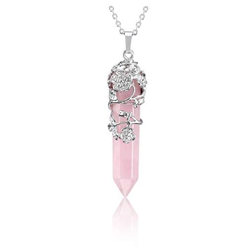 Image of JOVIVI Rose Quartz Healing Crystal Point Pendant Necklace for Women, Silver Flower Wrapped Pink Hexagonal Energy Healing Chakra Stone Necklace Gemstone Balancing Jewellery Gifts
