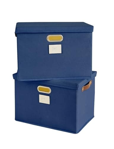 Image of Bagnizer Storage Boxes with Lids 2PCS Foldable Fabric Storage Boxes Large Stackable Storage Baskets for Shelves Storage Box for Clothes Wardrobe Navy Blue Collapsible Decorative Storage 43x30x30cm
