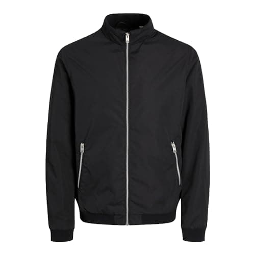 Image of JACK & JONES Mens Bomber Jacket Lightweight High Neck Full Zip Coat Long Sleeve Jackets for Men, Black Colour, Size- L