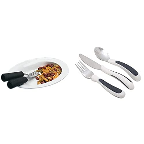 Image of NRS Healthcare Manoy Sloped Plate - Large & M80270 Kura Care Adult Cutlery Set, Easy Grip Set, Black & White