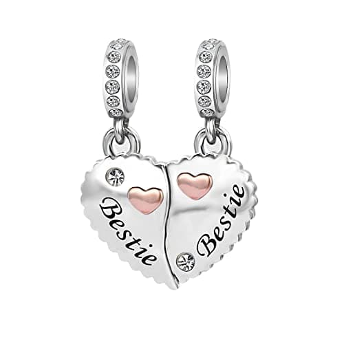 Image of KunBead Jewelry Best Friends Friendship Bestie Dangle Charm I Love You Rose Gold Tone Heart Birthday Charms Compatible with Pandora Bracelets Necklace for Women set for 2