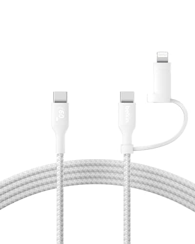 Image of Belkin 2-in-1 Charging Cable with USB-C & Lightning Connector - Braided Fast-Charging Cable, USB-C to USB-C & Lightning Charger Cord, Multi-Charging Combo for Apple iPhone, iPad, Samsung, More - White