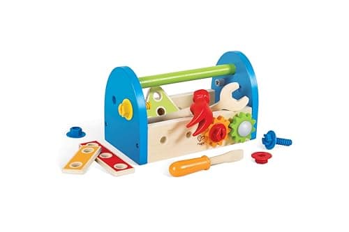 Image of Hape Fix-It Tool Box with Accessories | Colourful Construction Workbench Pounding Tool Toy Set for Kids, Problem-Solving Pretend Play Set, 17 Piece