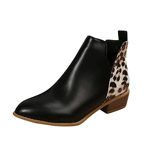 Image of Generisch Women's Leopard Print Patchwork Pointed Side Zip Chunky Heel Fashion Ankle Boots, black, 6 UK