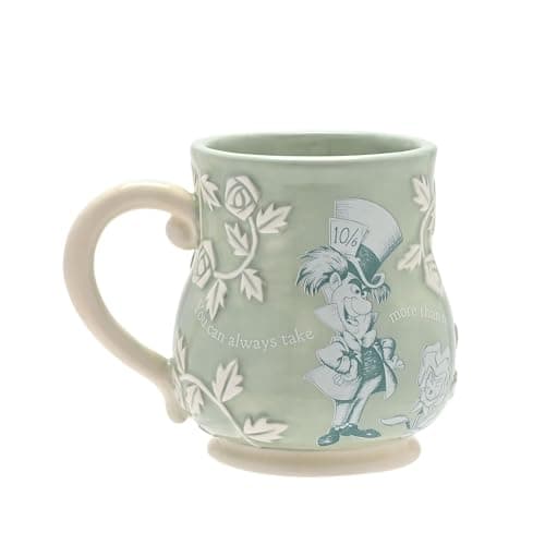 Image of Disney - Alice in Wonderland - Ceramic Green Embossed Mug - Mad Hatter - 'You Can Always Take More Than Nothing' Decor & Homeware for Kitchen, Garden Party Serving & Dining H: 10cm x W: 12cm x D: 9cm.