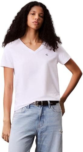 Image of Calvin Klein Women’s Short Sleeve V-Neck Archive Jersey T-Shirt, White (Brilliant White), L