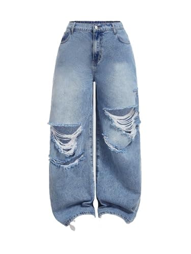 Image of Vaimti Plus Size Women's Wide Leg Distressed Jeans, High Waist Ripped Denim Pants, Elastic Waist, Vintage Wash (UK, Alpha, 5XL, Plus, Regular, Blue)