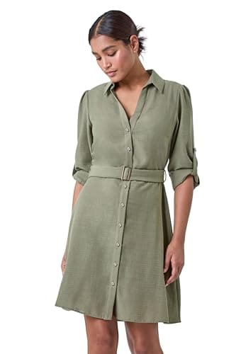 Image of Roman Shirt Dress for Women UK Ladies Short Sleeve Sleeveless Belted Collared Midi Maxi Summer Spring Smart Casual Button Evening Office A Line Swing Skater - Green - Size 18