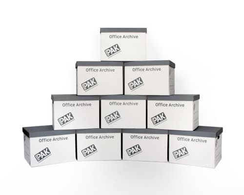 Image of StorePAK Office Archive Boxes - Storage Cardboard Boxes with Handles & Lids (Pack of 10) 34.2 Litres – H28.2 x W31.7 x D38.3 cm - White & Grey