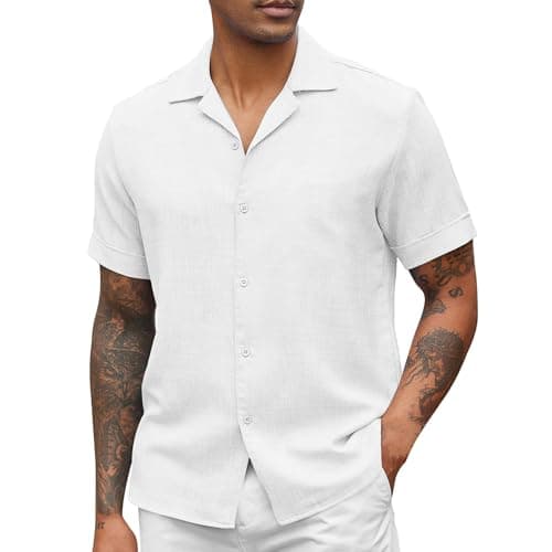 Image of Men's Casual Shirt Summer, Cotton Linen Turndown Collar Short-Sleeved Business Office Shirts, Lightweight Breathable Beach Shirts, Regular Fit Button-Down Short Sleeve Tshirt, Holiday Blouse Tops