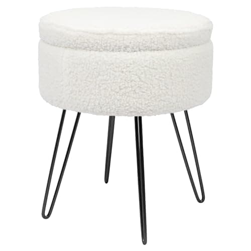 Image of Harbour Housewares Boucle Round Foot Stool with Storage - Cream with Black Legs - Modern Dressing Table Stool Pouffe Footstool Vanity Stools Vanity Chairs Footstools for Living Room