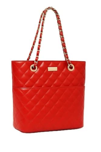 Image of Luxury Quilted Patent Shoulder Bag for Women – Large Tote with Chain Handles, Zip Top, Magnetic Front Pocket – Everyday Office Work Handbag (Red or Purple) (Red)